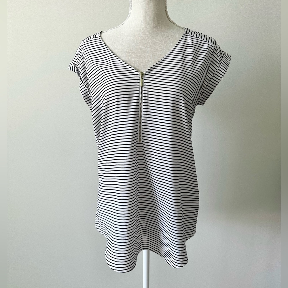 Express Striped Front Zipper Office Blouse- M